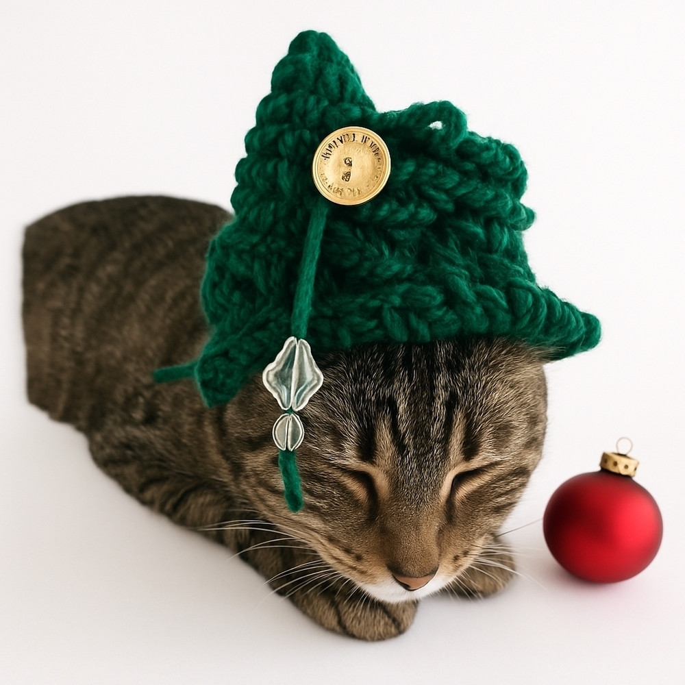 Handmade Christmas Tree Hat for Cats or Small Dogs Crochet Holiday Pet Costume